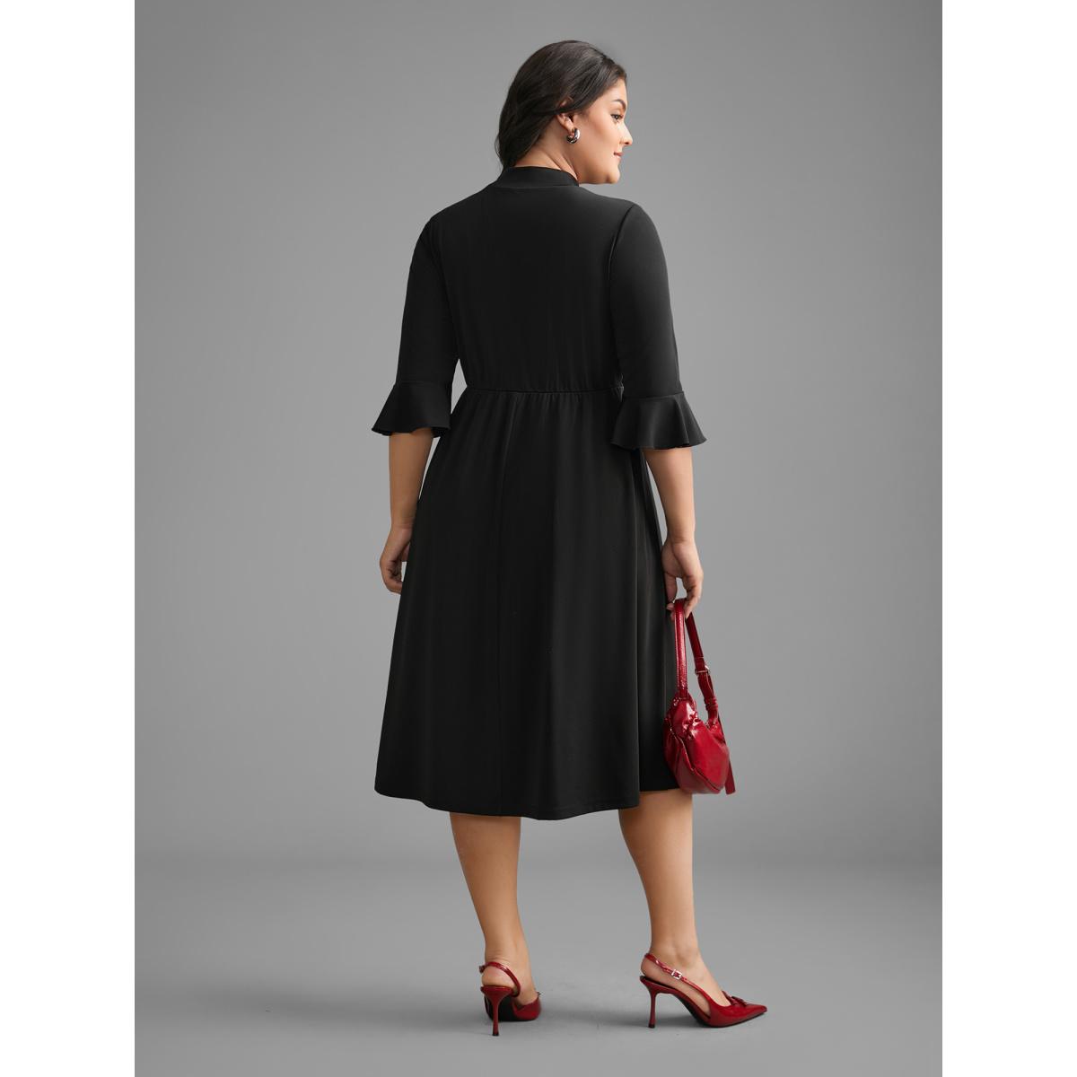 Plus Size Mock Neck Flutter Sleeve Knit Dress Black Women At the Office Ruffles Knit Dresses Bloomchic 28/5X Product Image