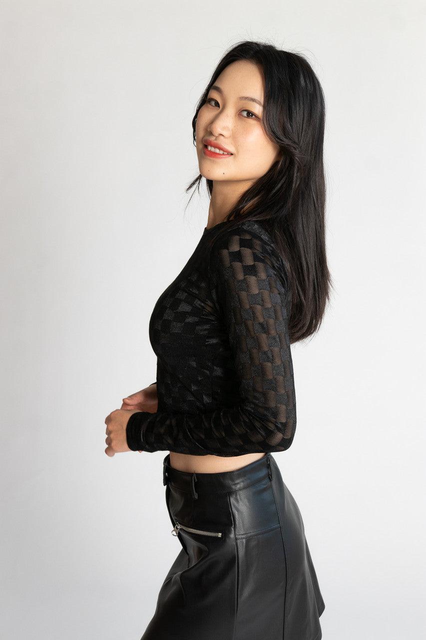 Mesh Checker Long Sleeve Top Product Image