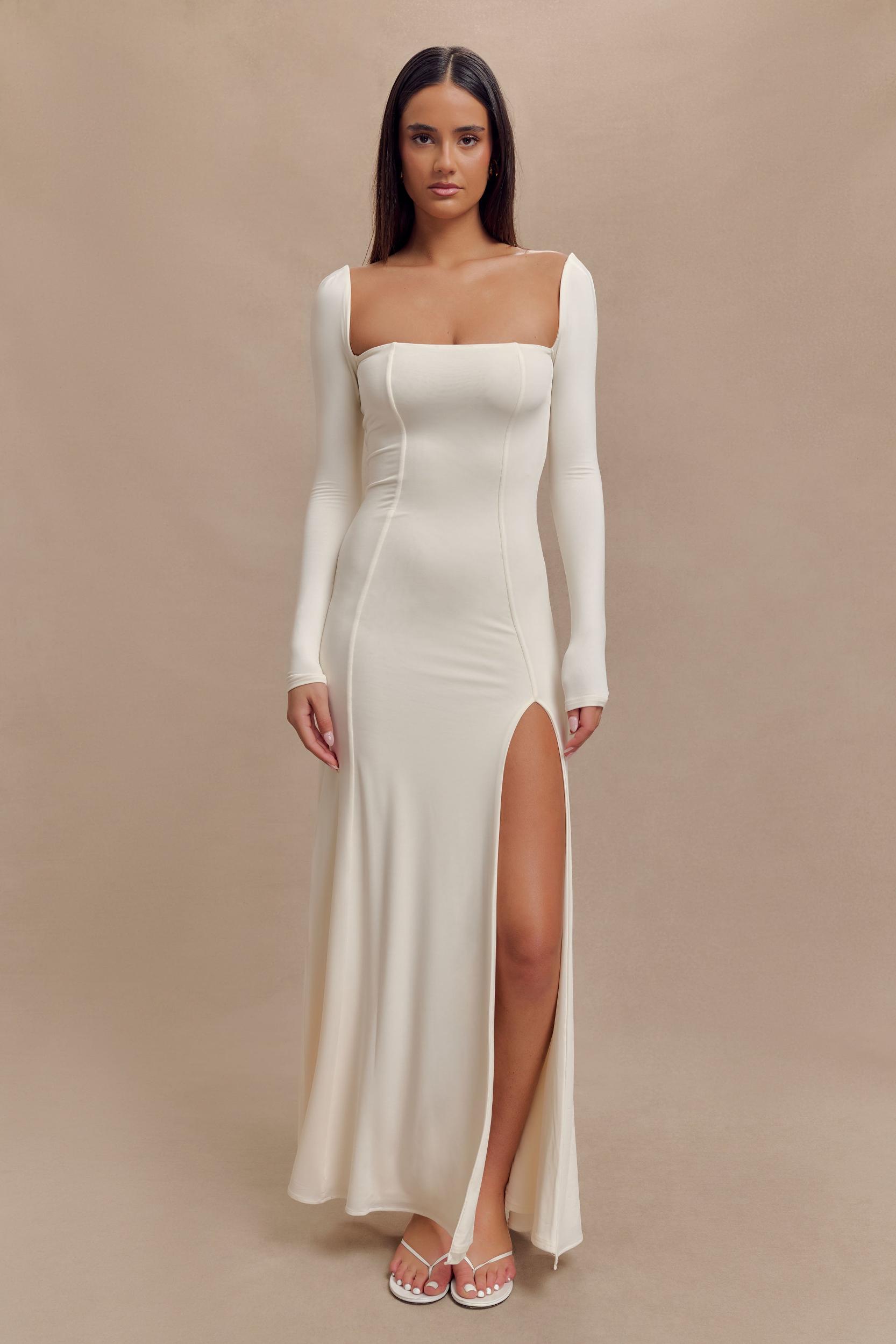 Desirie Slinky Long Sleeve Maxi Dress With Split - Ivory Product Image
