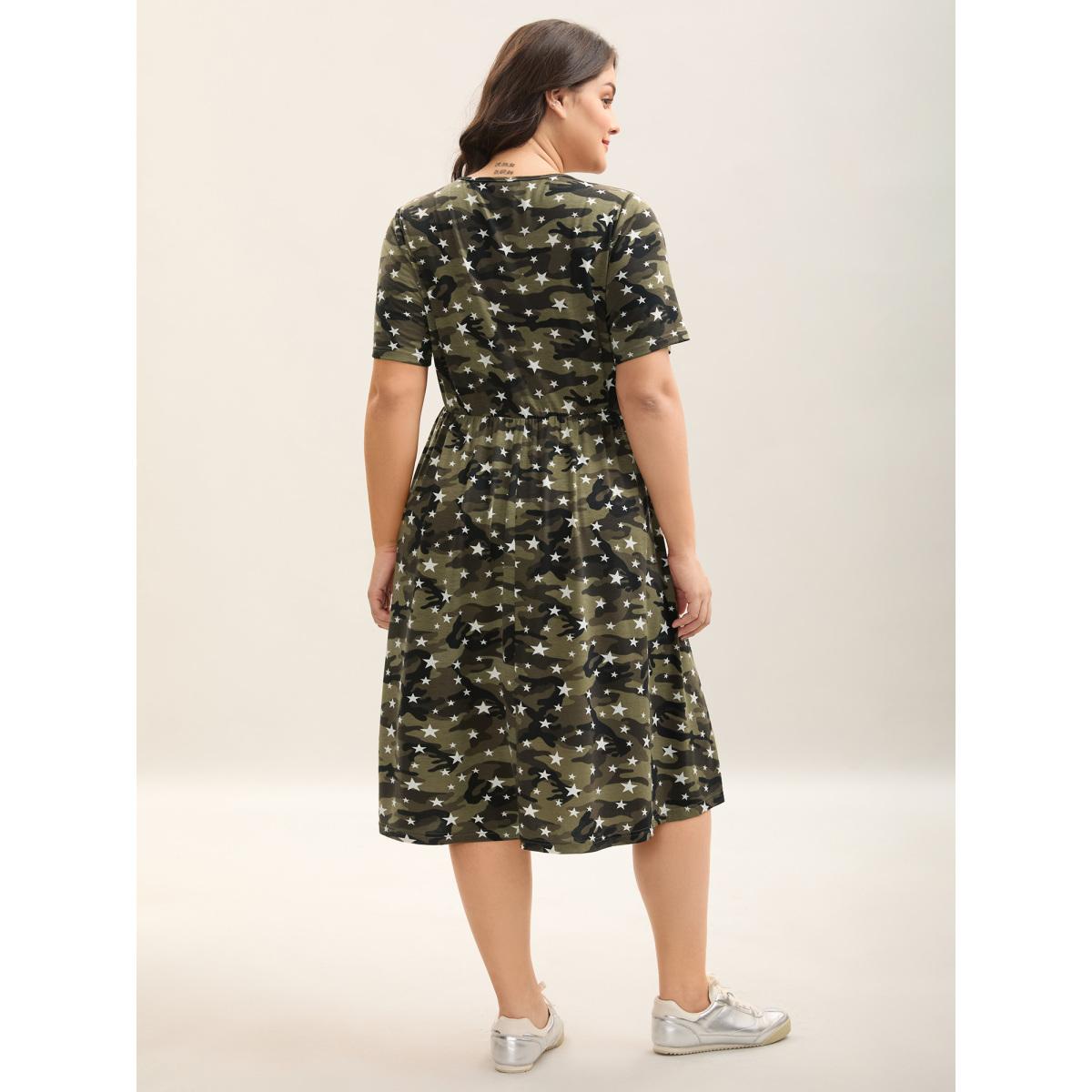 Plus Size Camouflage Print Round Neck Pockets Midi Dress Sage Women Casual Tie knot Knit Dresses Bloomchic 30/6X Product Image
