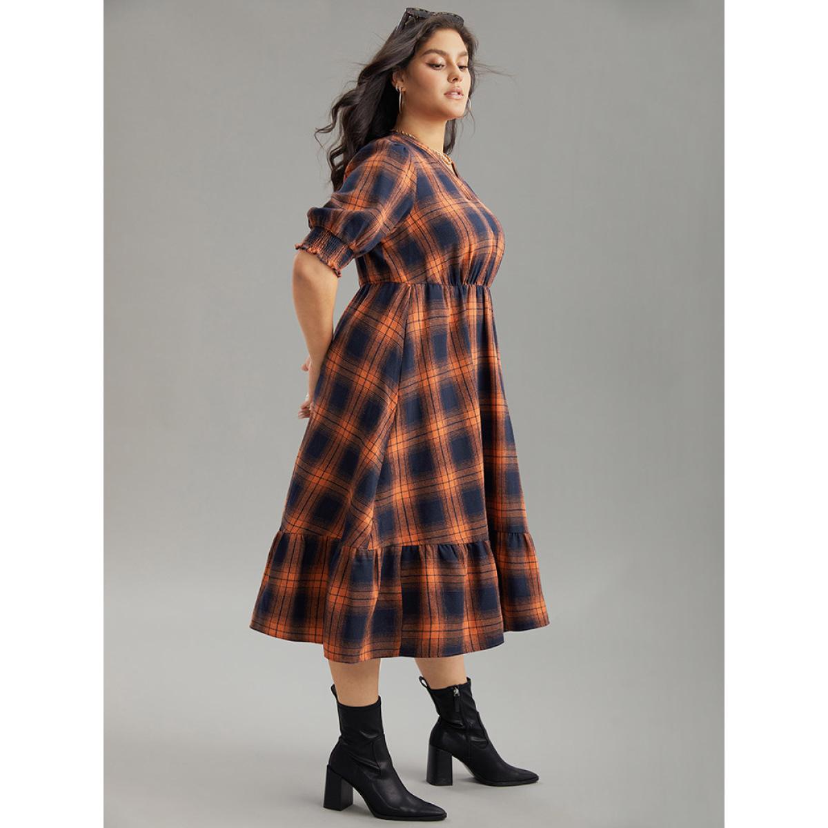 Plus Size Plaid Shirred Ruffles Pocket Dress Orange Women Elegant Printed V-neck Short sleeve Curvy Midi Dress BloomChic 30/6X Product Image