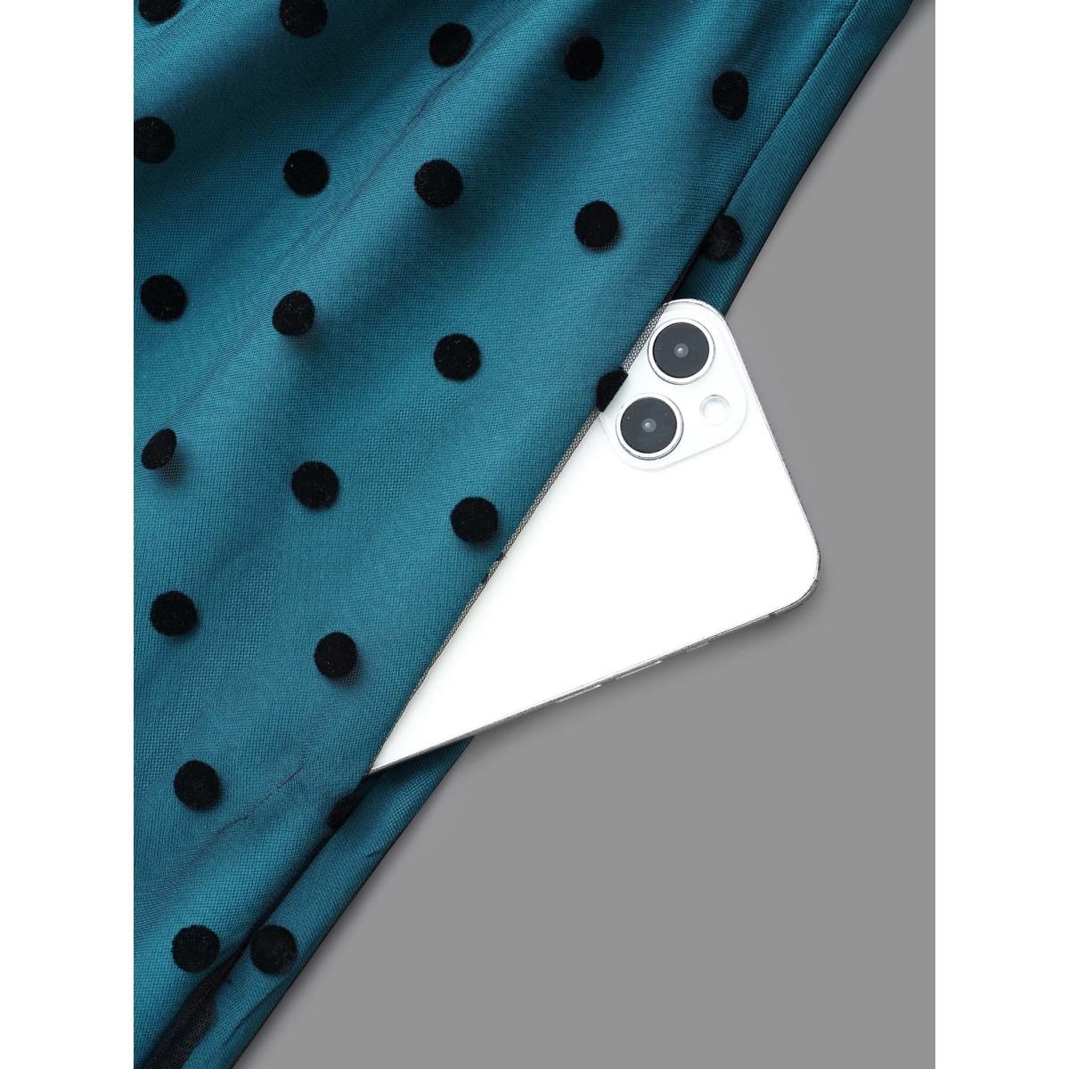 Plus Size Polka Dot Flocking Mesh Patchwork Dress Teal Women Elegant Gathered Round Neck Elbow-length sleeve Curvy BloomChic 22-24/3X Product Image