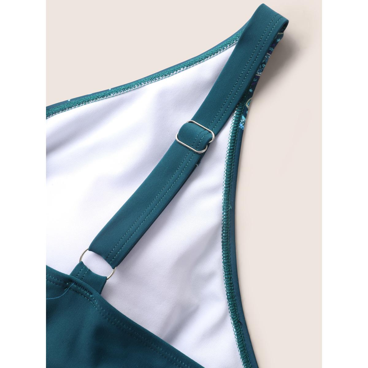 Plus Size Overlap Collar Bandana Print Contrast Webbing Swim Dress Women's Swimwear Cyan Beach Bodycon Overlap Collar High stretch Curve Swim Dresses BloomChic 22-24/3X Product Image