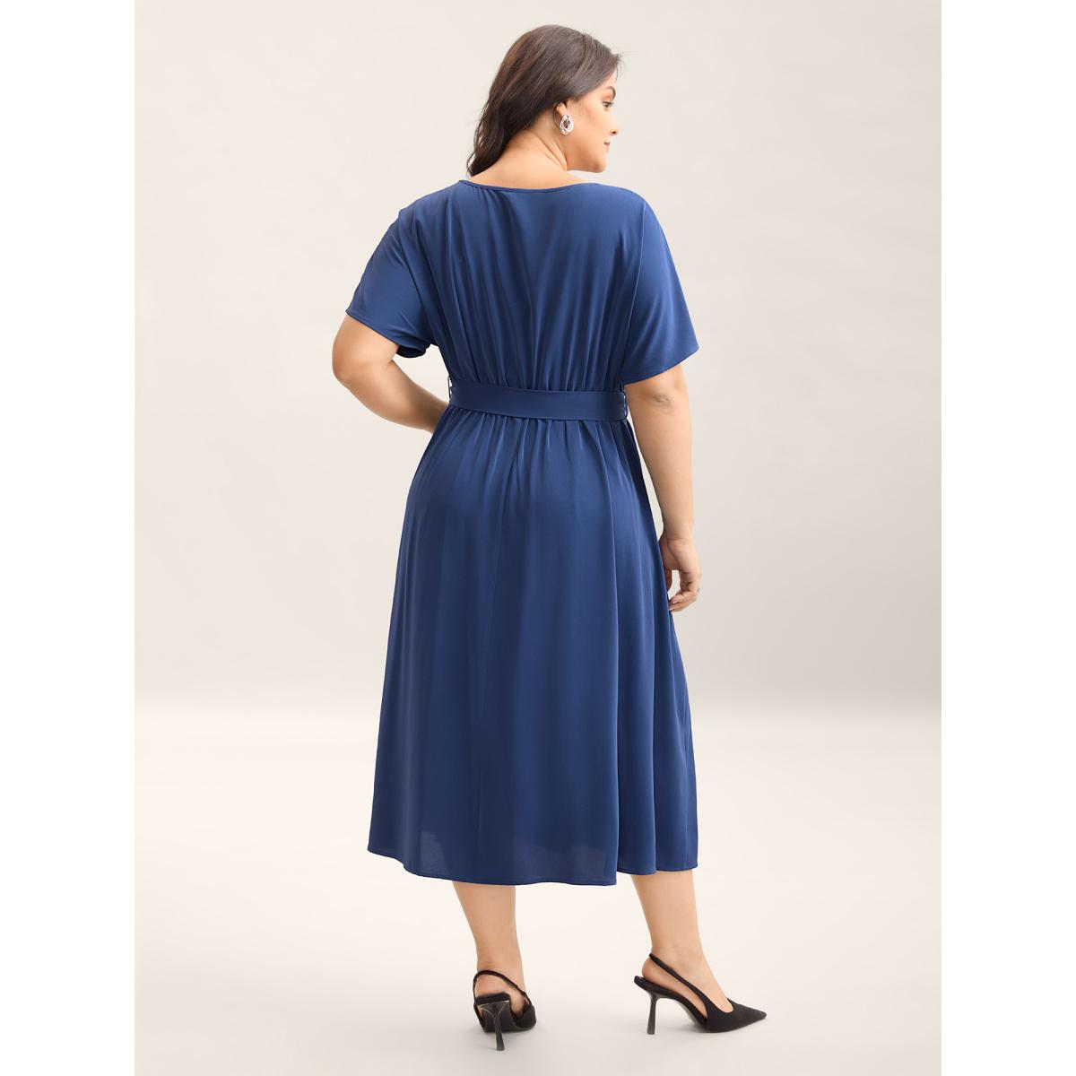 Plus Size Keyhole Belted Pockets Plain Midi Dress Mediumblue Women Asymmetrical Neck Short sleeve Curvy BloomChic 18-20/2X Product Image