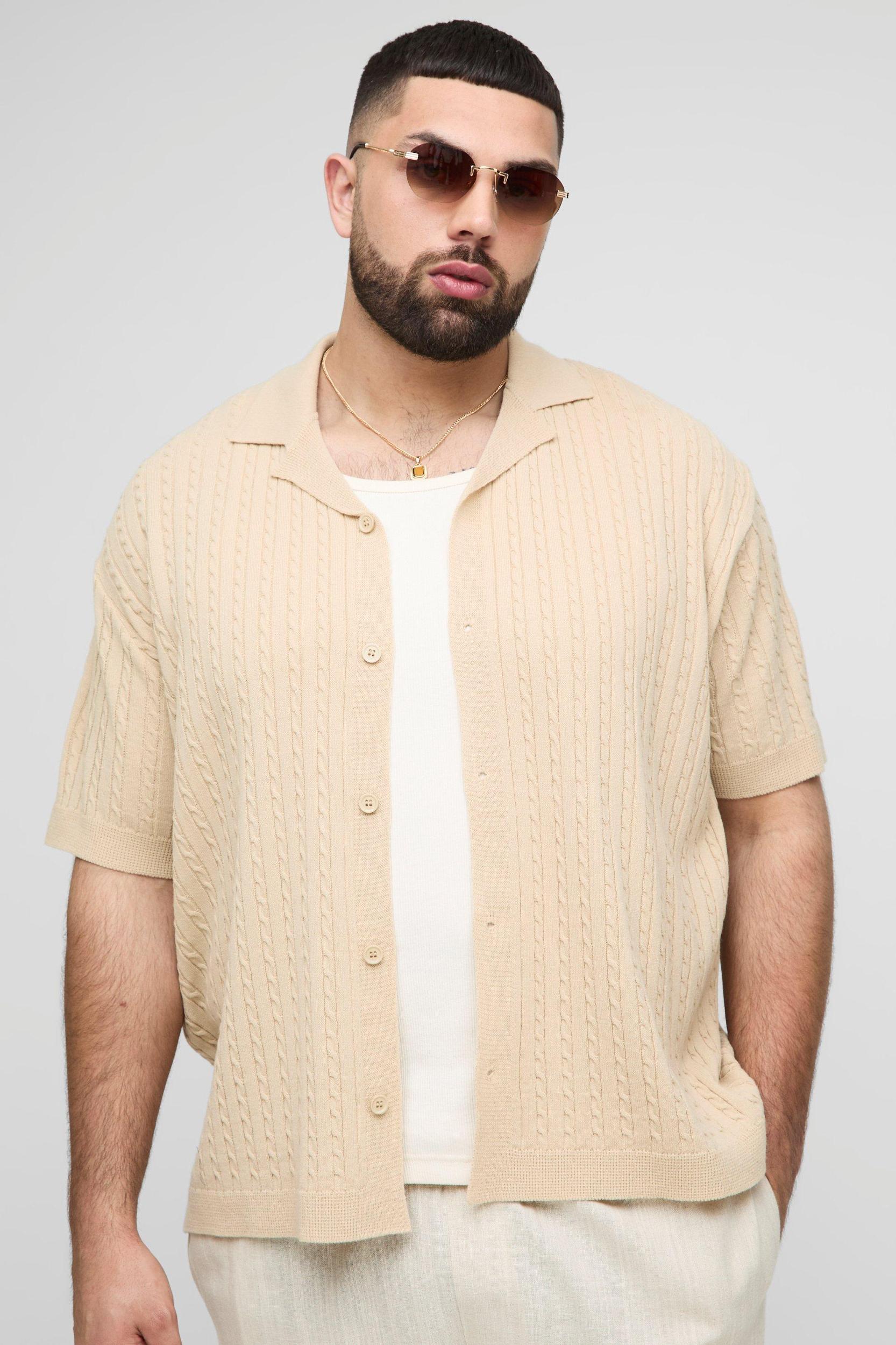 Plus Oversized Boxy Short Sleeve Revere Cable Knit Shirt | boohooMAN USA Product Image