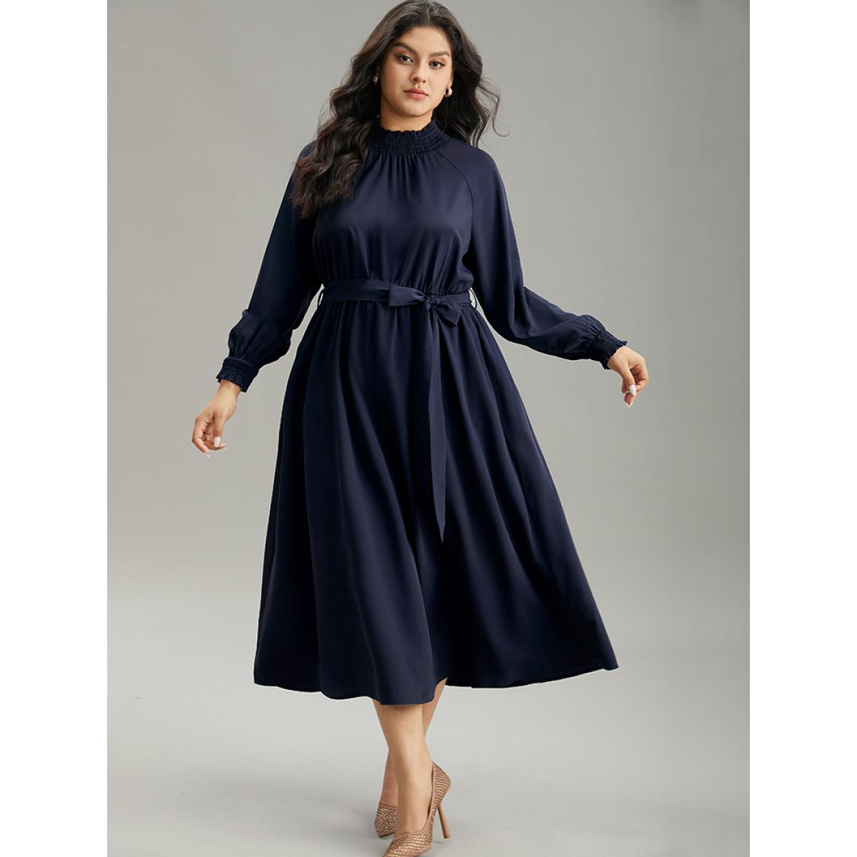 Plus Size Anti-Wrinkle Plain Shirred Mock Neck Belted Dress DarkBlue Women Elegant Elastic cuffs Mock Neck Long Sleeve Curvy Midi Dress BloomChic 30/6X Product Image