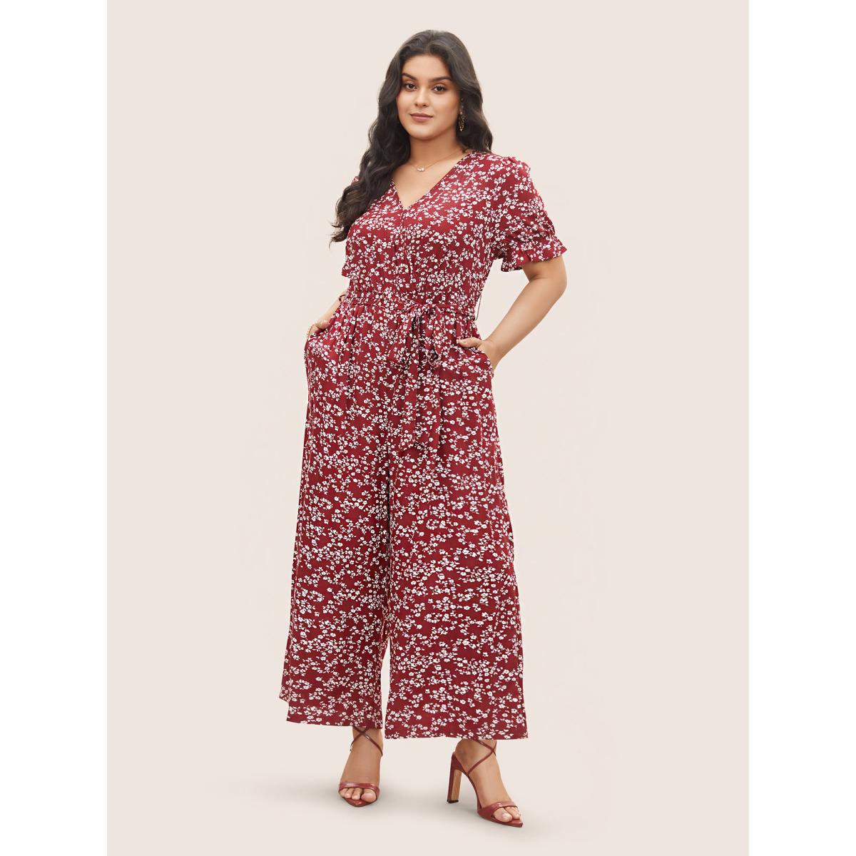 Plus Size RedViolet Ditsy Floral Wrap Belted Gathered Jumpsuit Women Elegant Short sleeve Overlap Collar Everyday Loose Jumpsuits BloomChic 18-20/2X Product Image