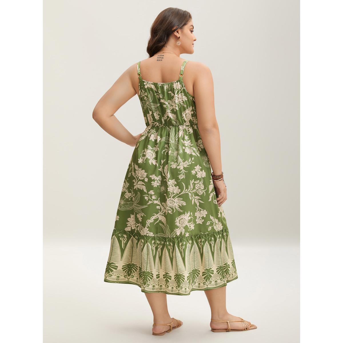 Plus Size Tropical Print Tied Front Pockets Midi Dress Moss Women Gathered V-neck Sleeveless Curvy BloomChic 18-20/2X Product Image