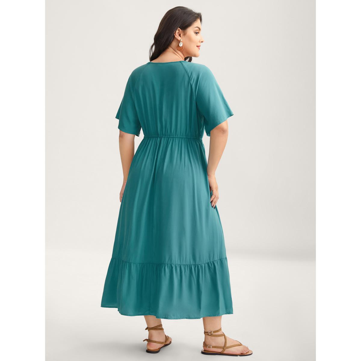 Plus Size Rayon Lace Trim Waist Tie Midi Dress Emerald Women V-neck Short sleeve Curvy BloomChic 18-20/2X Product Image