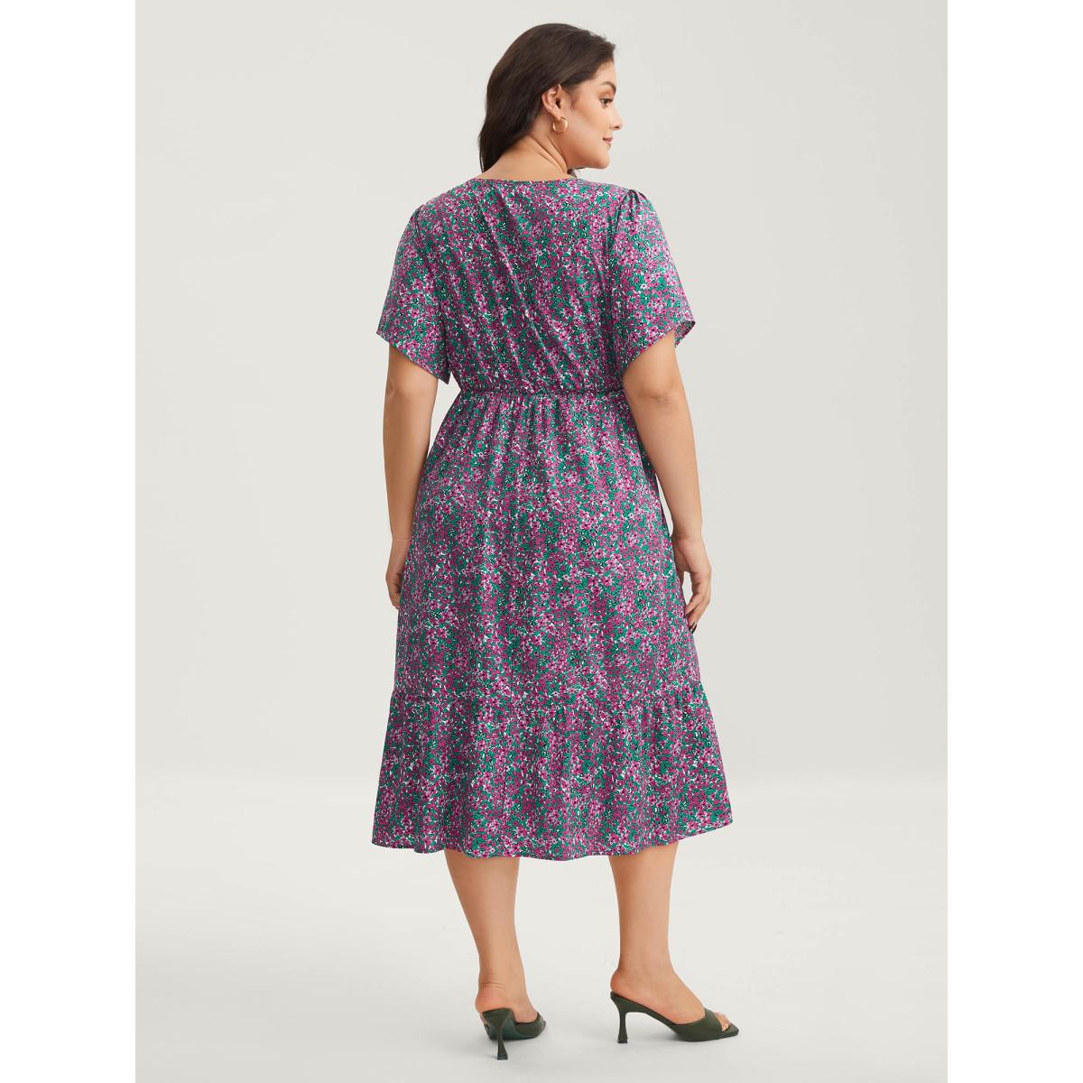 Plus Size Floral Print V-Neck Tiered Midi Dress DarkViolet Women V-neck Short sleeve Curvy BloomChic 12/L Product Image