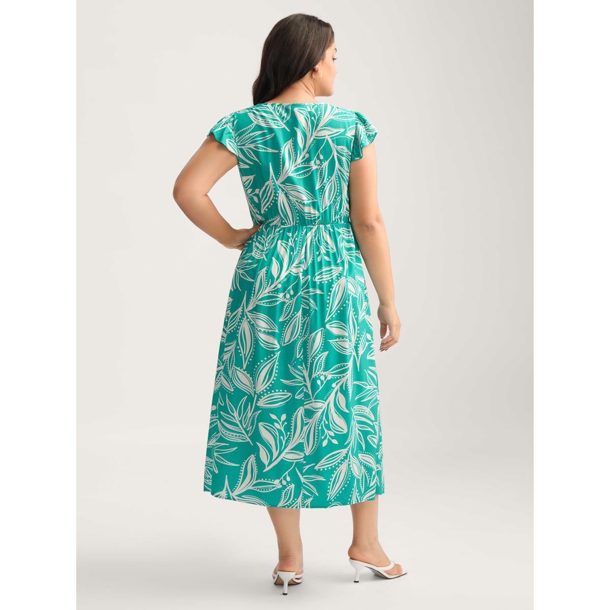 Plus Size Rayon Leafy Print Shirred Midi Dress Arctic Women V-neck Cap Sleeve Curvy BloomChic 30/6X Product Image