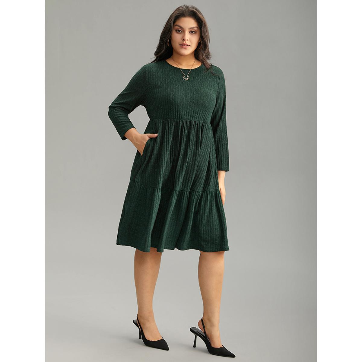 Plus Size Rib Knit Round Neck Ruffle Layered Hem Dress DarkGreen Women Casual Texture Round Neck Long Sleeve Curvy Knee Dress BloomChic 30/6X Product Image