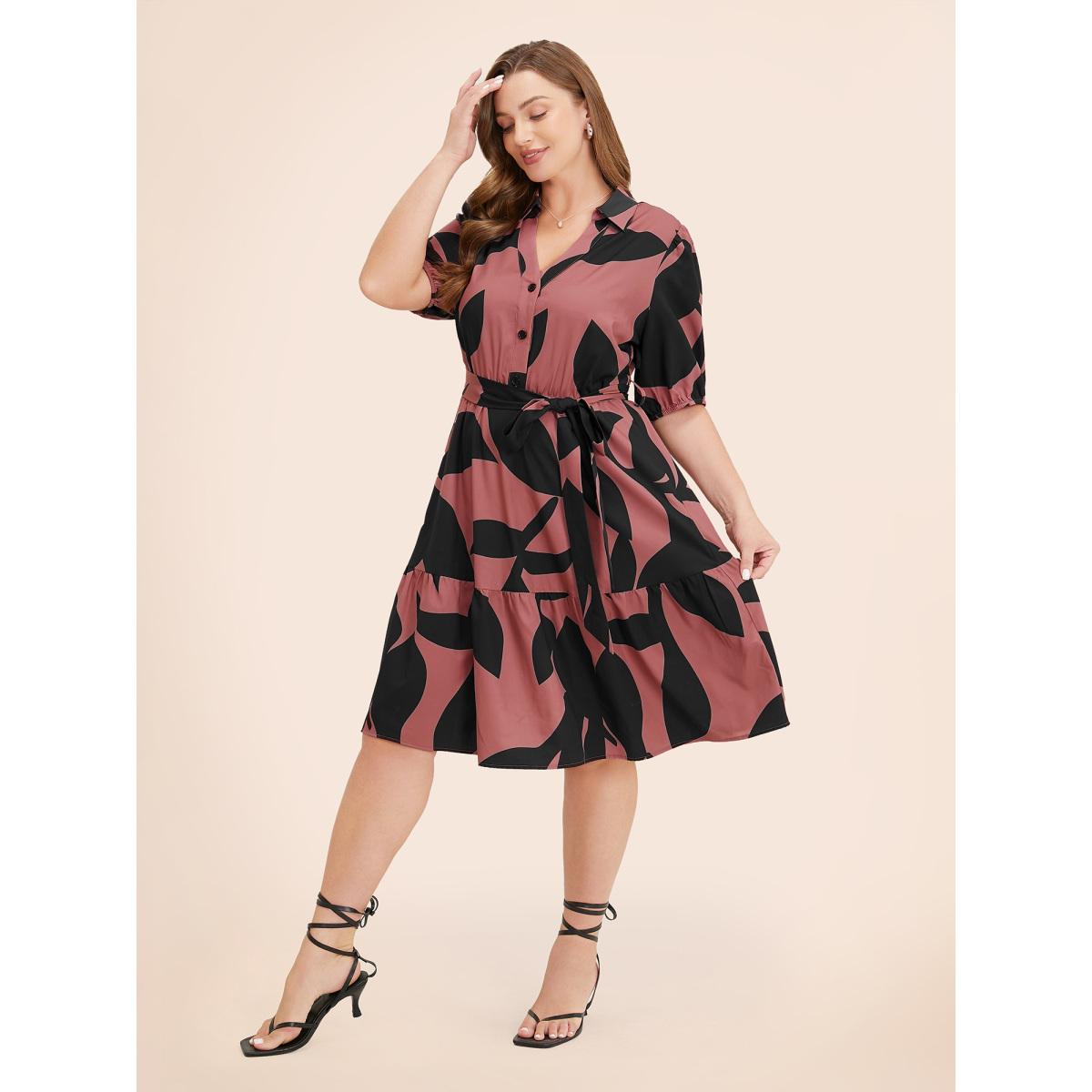 Plus Size Plant Pocket Puff Sleeve Belt Ruffle Hem Button Up Dress Multicolor Women Office Belted Shirt collar Short sleeve Curvy Knee Dress BloomChic 14-16/1X Product Image