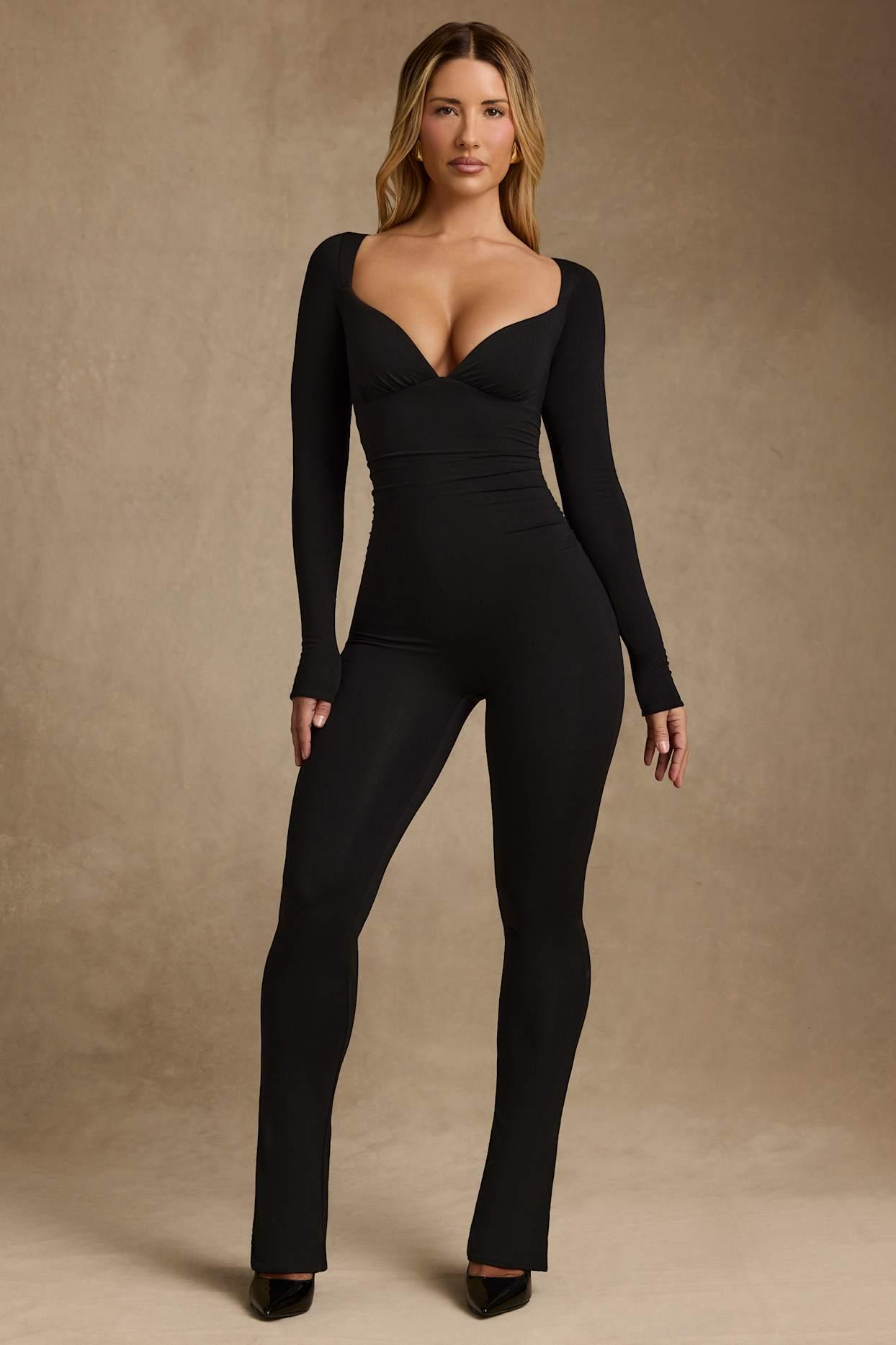 Modal Ruched Long-Sleeve Jumpsuit in Black Product Image