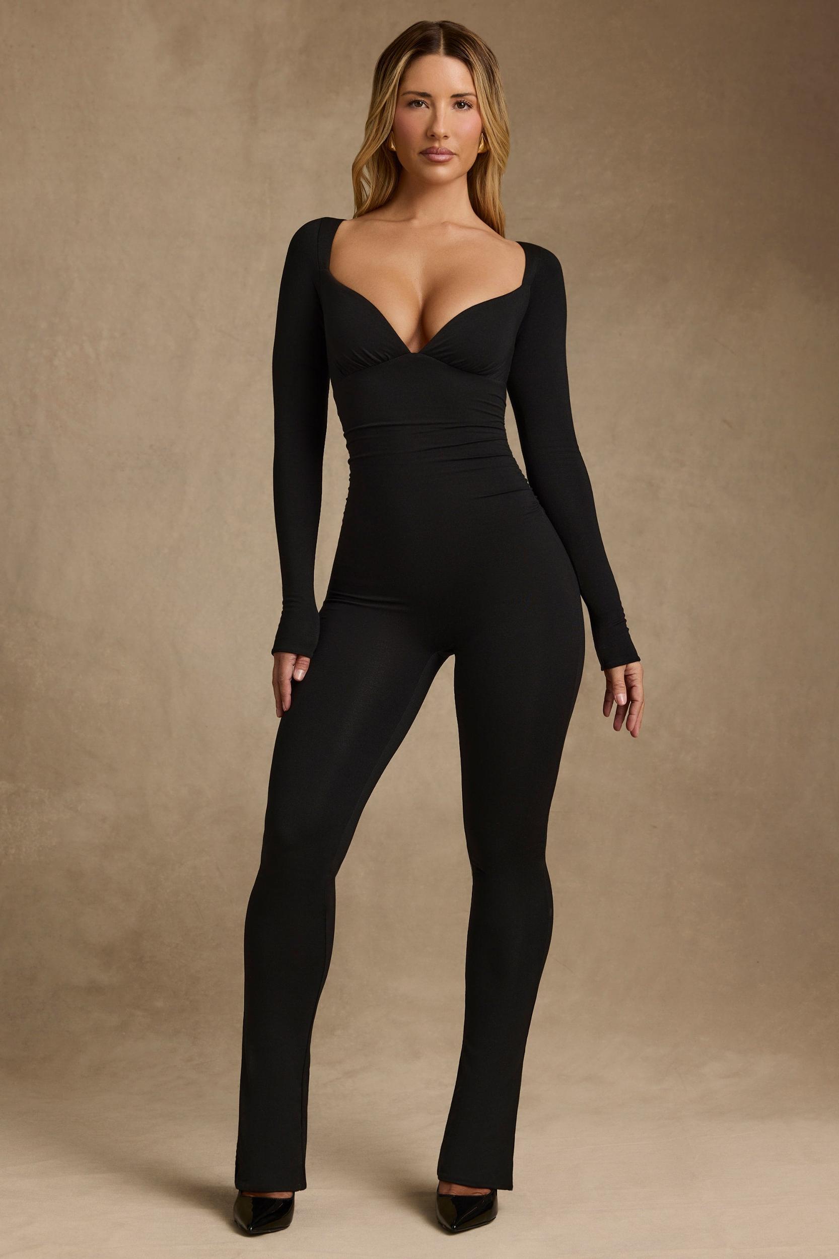 Modal Ruched Long-Sleeve Jumpsuit in Black Product Image
