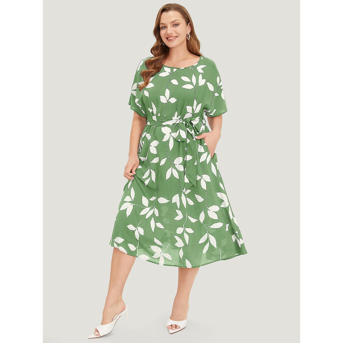 Plus Size Leaf Print Pocket Belted Dress Mint Women Casual Belted Round Neck Short sleeve Curvy Midi Dress BloomChic 22-24/3X Product Image
