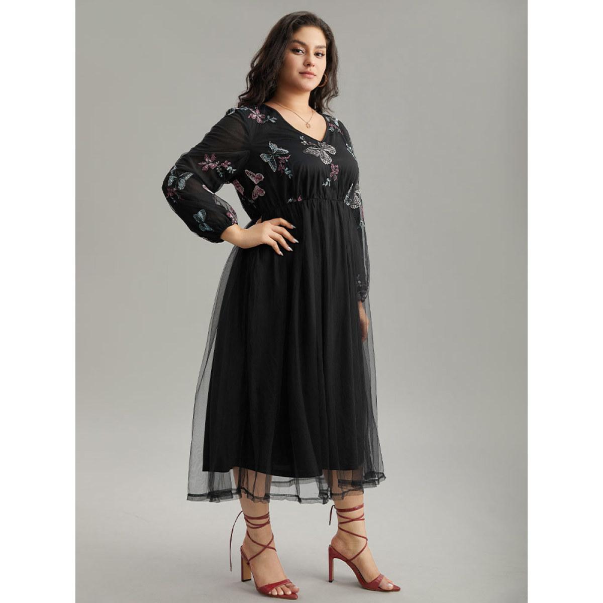 Plus Size Butterfly Embroidered Mesh Gathered Patchwork Dress Black Women Party Elastic cuffs V-neck Long Sleeve Curvy Midi Dress BloomChic 26/4X Product Image