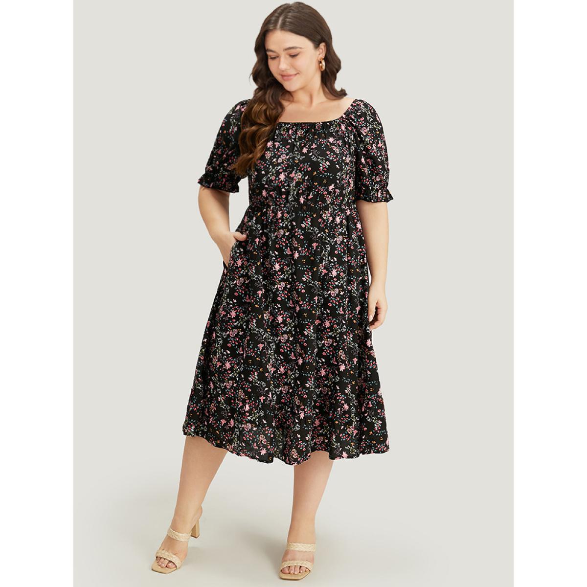 Plus Size Floral Puff Sleeve Pocket Elastic Waist Square Neck Dress Black Women Elegant Elastic Waist Spaghetti Strap Sleeveless Curvy Midi Dress BloomChic 30/6X Product Image