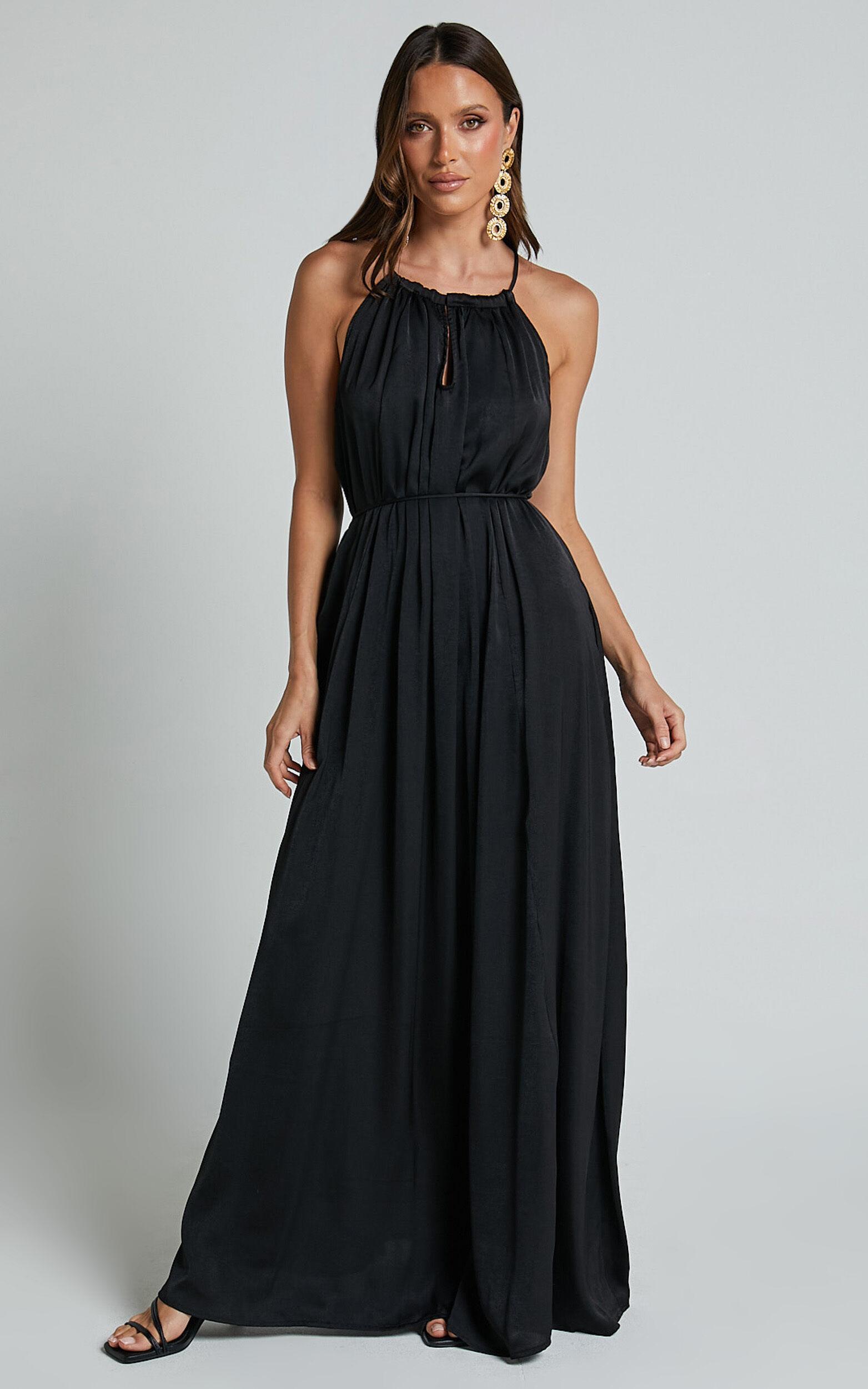 Aliciana Maxi Dress - Halter Neck Tie Back Dress in Black Product Image