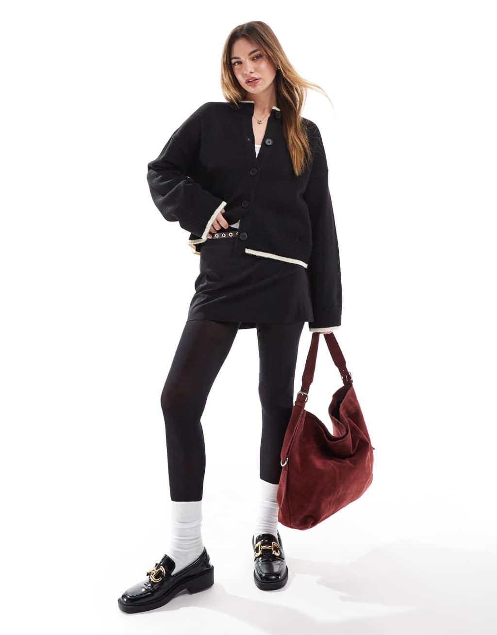 ASOS DESIGN knit crew neck cardigan with tipping detail in black Product Image