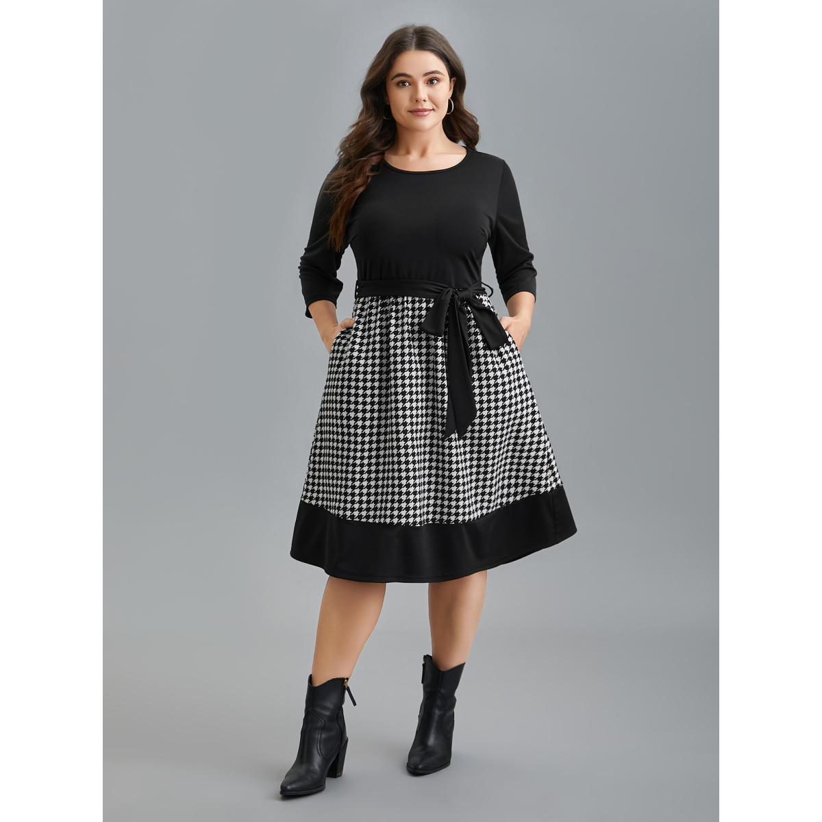 Plus Size Color-Block Belted Fit & Flare Midi Dress Black Women Casual Belted Knit Dresses Bloomchic 28/5X Product Image
