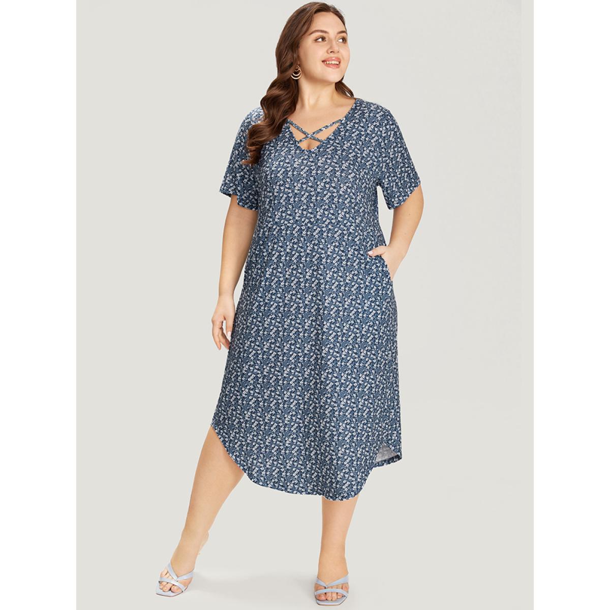 Plus Size Ditsy Floral Pocket Curved Hem Knotted Dress Stone Women Casual Arc Hem V-neck Short sleeve Curvy Midi Dress BloomChic 22-24/3X Product Image