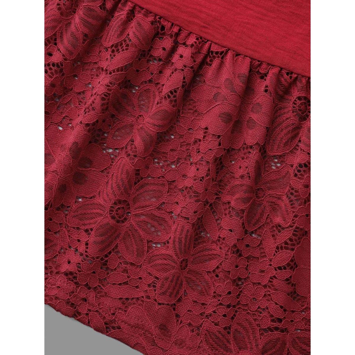 Plus Size Lace Tiered Skirt Elastic Waist V-Neck Dress Burgundy Women Elegant Woven ribbon&lace trim V-neck Long Sleeve Curvy BloomChic 26/4X Product Image