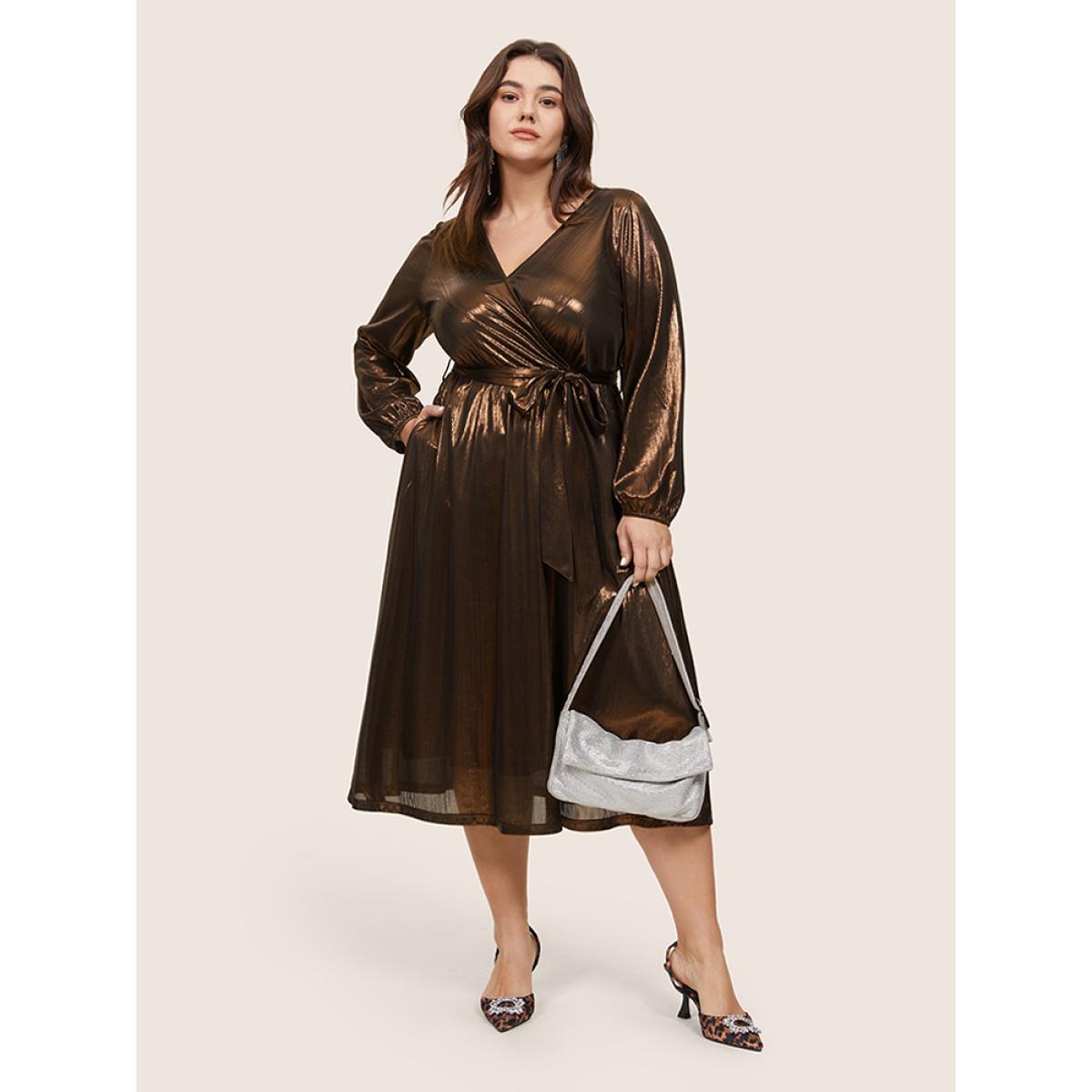 Plus Size Metallic Belted Wrap Lantern Sleeve Dress Bronze Women Cocktail Elastic cuffs Overlap Collar Long Sleeve Curvy Midi Dress BloomChic 18-20/2X Product Image