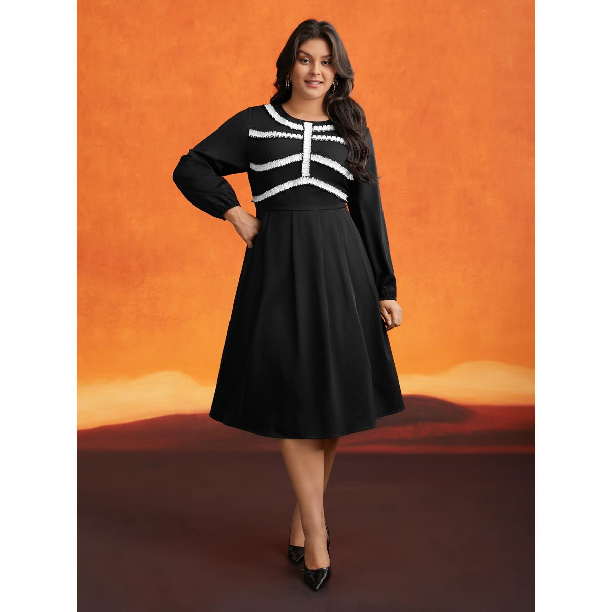 Plus Size Black And White Pleated Ribbon Midi Dress Black Women Cocktail Contrast Party Curvy Bloomchic 30/6X Product Image
