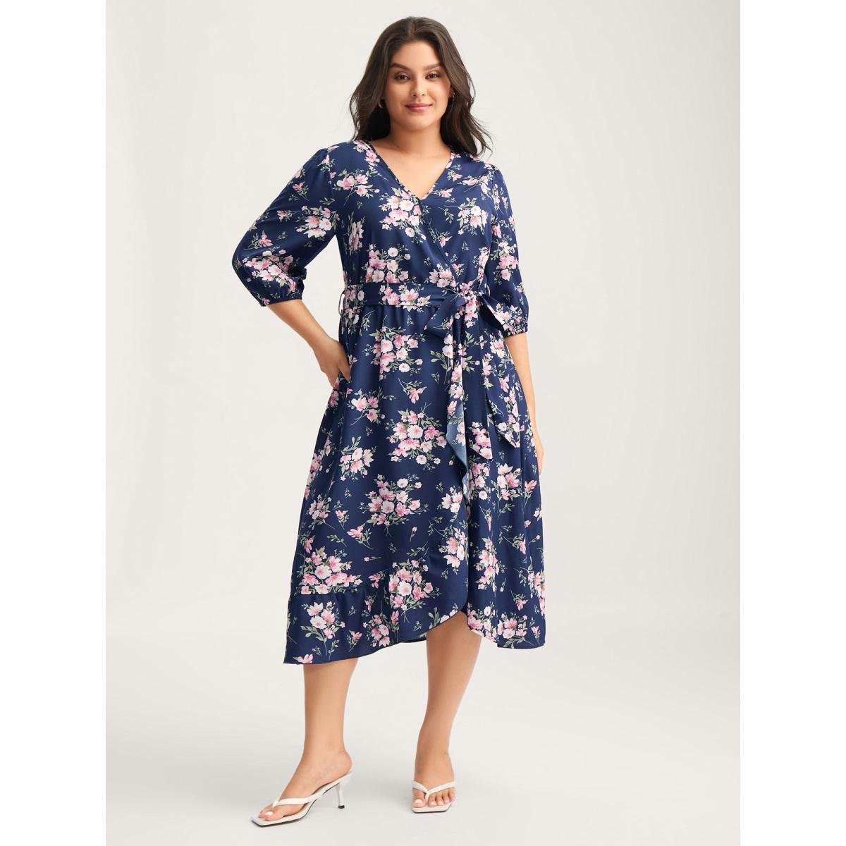 Plus Size Floral Print Belted Wrap Hem Midi Dress Skyblue Women Overlap Collar Elbow-length sleeve Curvy BloomChic 12/L Product Image