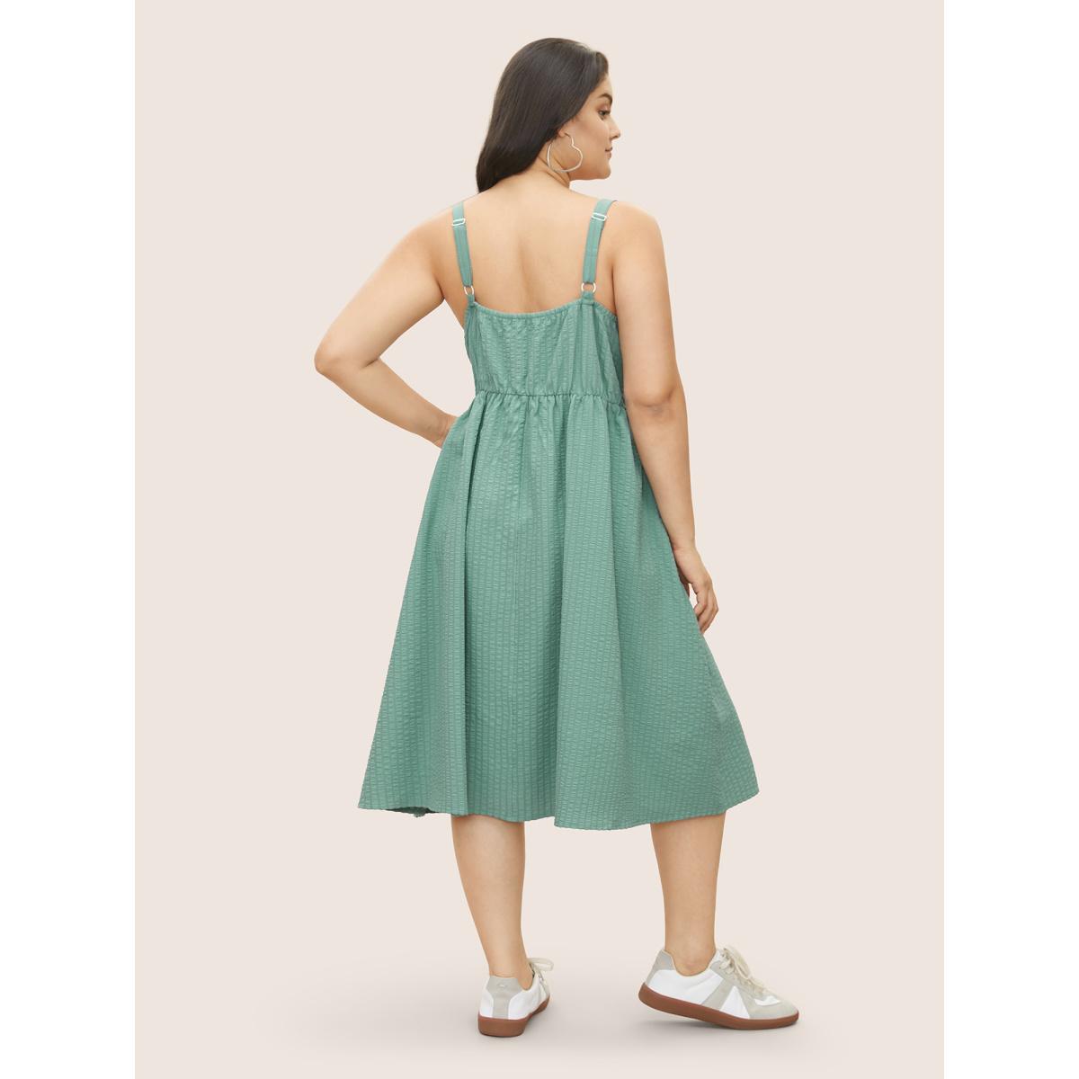 Plus Size Plain Texture Button Detail Cami Dress Teal Women Casual Texture Non Sleeveless Curvy Midi Dress BloomChic 12/L Product Image