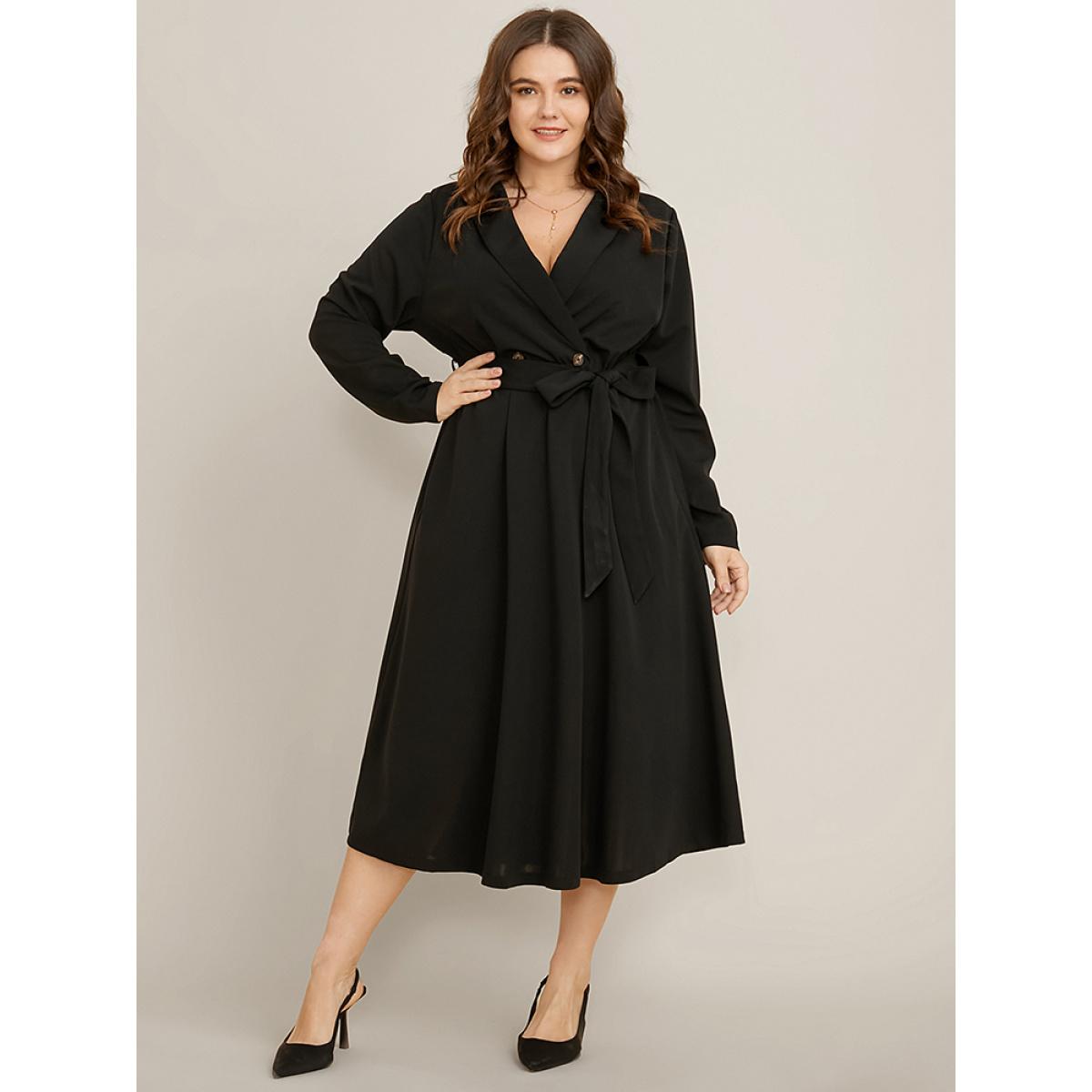 Plus Size Solid Pocket Belted Surplice Neck Flutter Dress Black Women Office Belted V-neck Long Sleeve Curvy Midi Dress BloomChic 26/4X Product Image