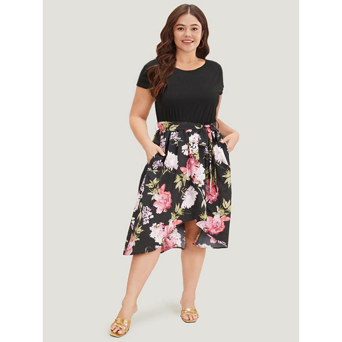 Plus Size Floral Print Patchwork Pocket Belted Asymmetrical Hem Dress Black Women Glamour Plain Round Neck Short sleeve Curvy Midi Dress BloomChic 18-20/2X Product Image