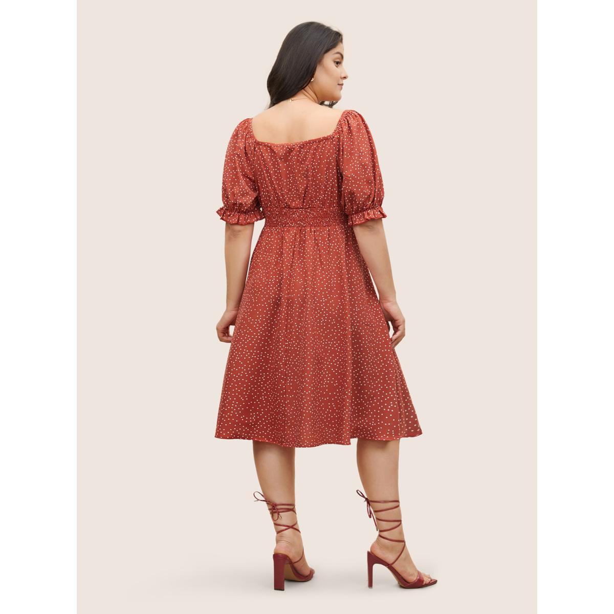 Plus Size Polka Dot Ties Lantern Sleeve Gathered Dress Rust Women Elegant Non Square Neck Short sleeve Curvy Midi Dress BloomChic 30/6X Product Image