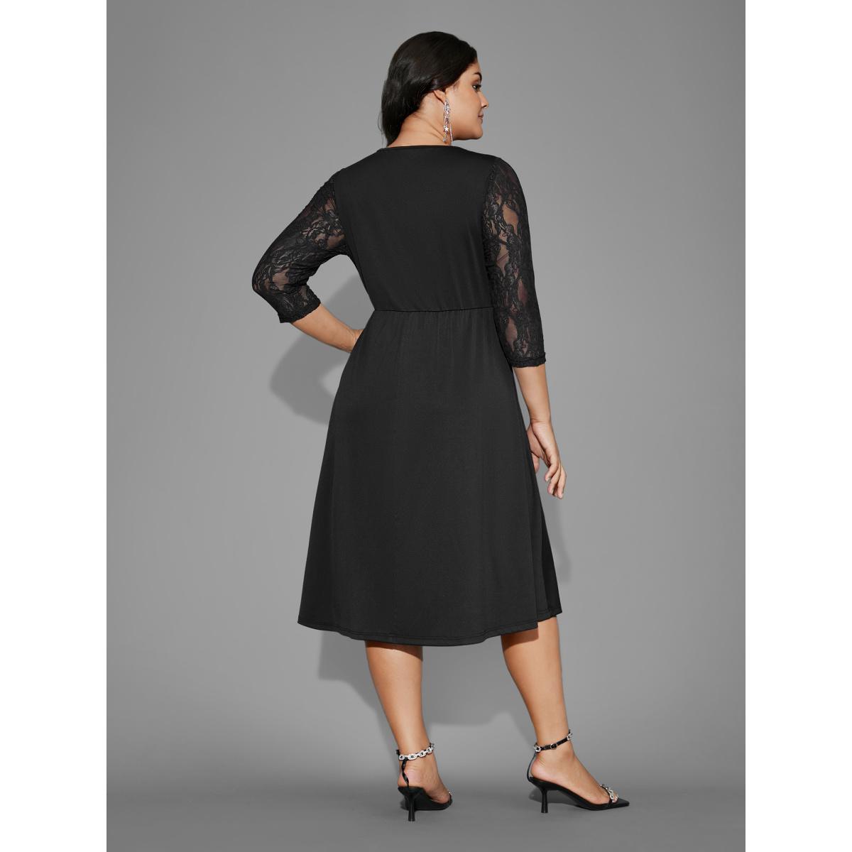 Plus Size Asymmetrical Neck Lace Patchwork Mesh Dress Black Women Cocktail Woven ribbon&lace trim Party Curvy Bloomchic 22-24/3X Product Image