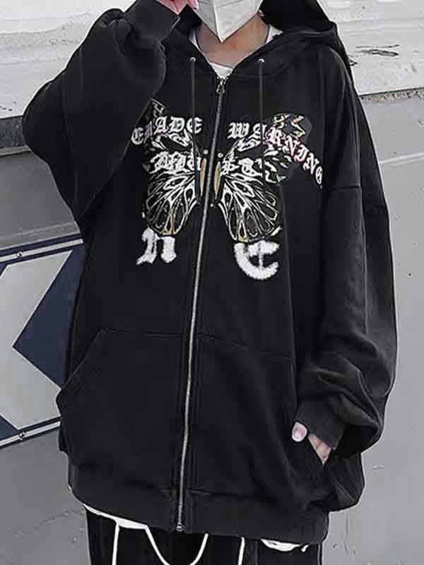 Butterfly Print Fleece Zip Up Oversized Hoodie Product Image