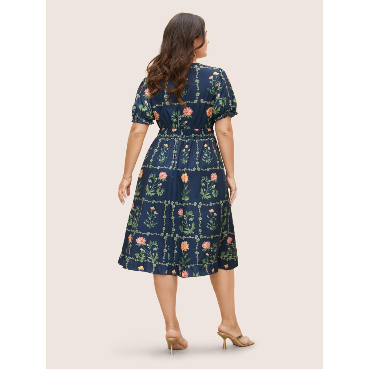 Plus Size Boho Print Tie Knot Shirred Lantern Sleeve Dress Indigo Women Timeless Square Neck Short sleeve Curvy BloomChic 14-16/1X Product Image