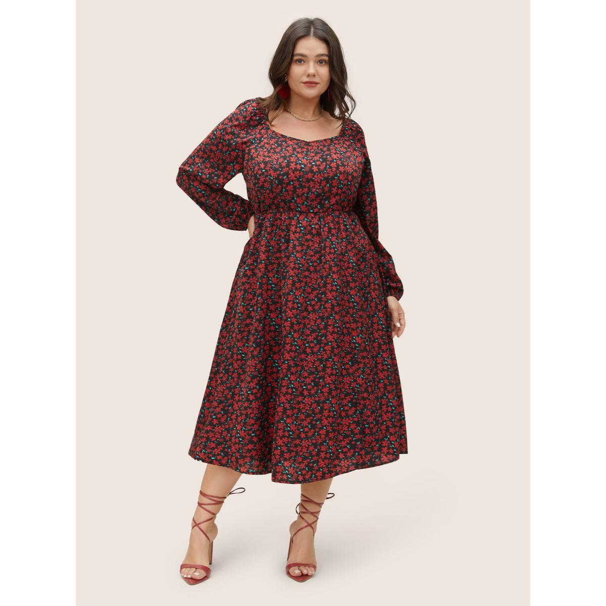Plus Size Ditsy Floral Square Neck Split Side Dress Black Women Elegant Elastic cuffs Square Neck Long Sleeve Curvy Midi Dress BloomChic 28/5X Product Image