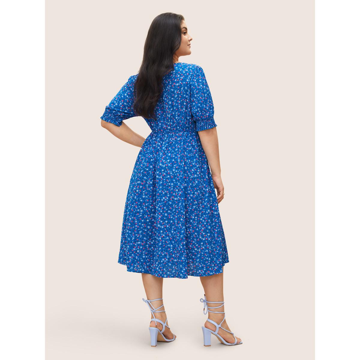 Plus Size Ditsy Floral Drawstring Shirred Cuffs Dress Blue Women Timeless Non Square Neck Half Sleeve Curvy Midi Dress BloomChic 18-20/2X Product Image