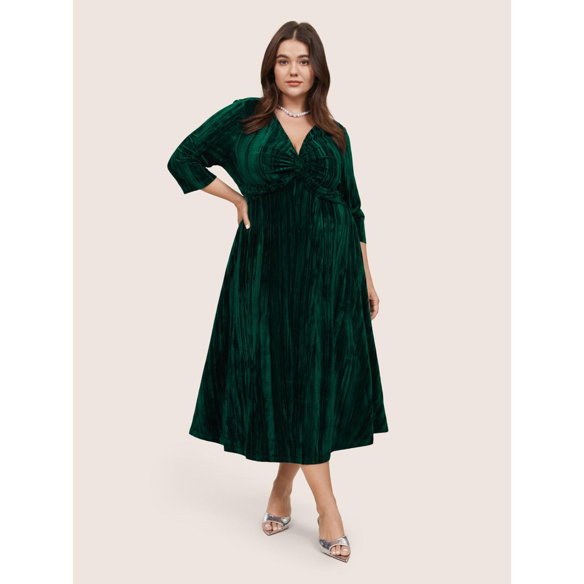 Plus Size Plain Velvet V Neck Twist Front Dress DarkGreen Women Cocktail Velvet V-neck Elbow-length sleeve Curvy Midi Dress BloomChic 14-16/1X Product Image