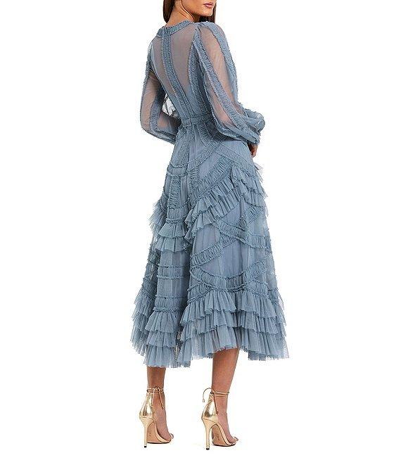 Mac Duggal Long Balloon Illusion Sleeve V-Neck Ruffle Tier Midi Dress Product Image