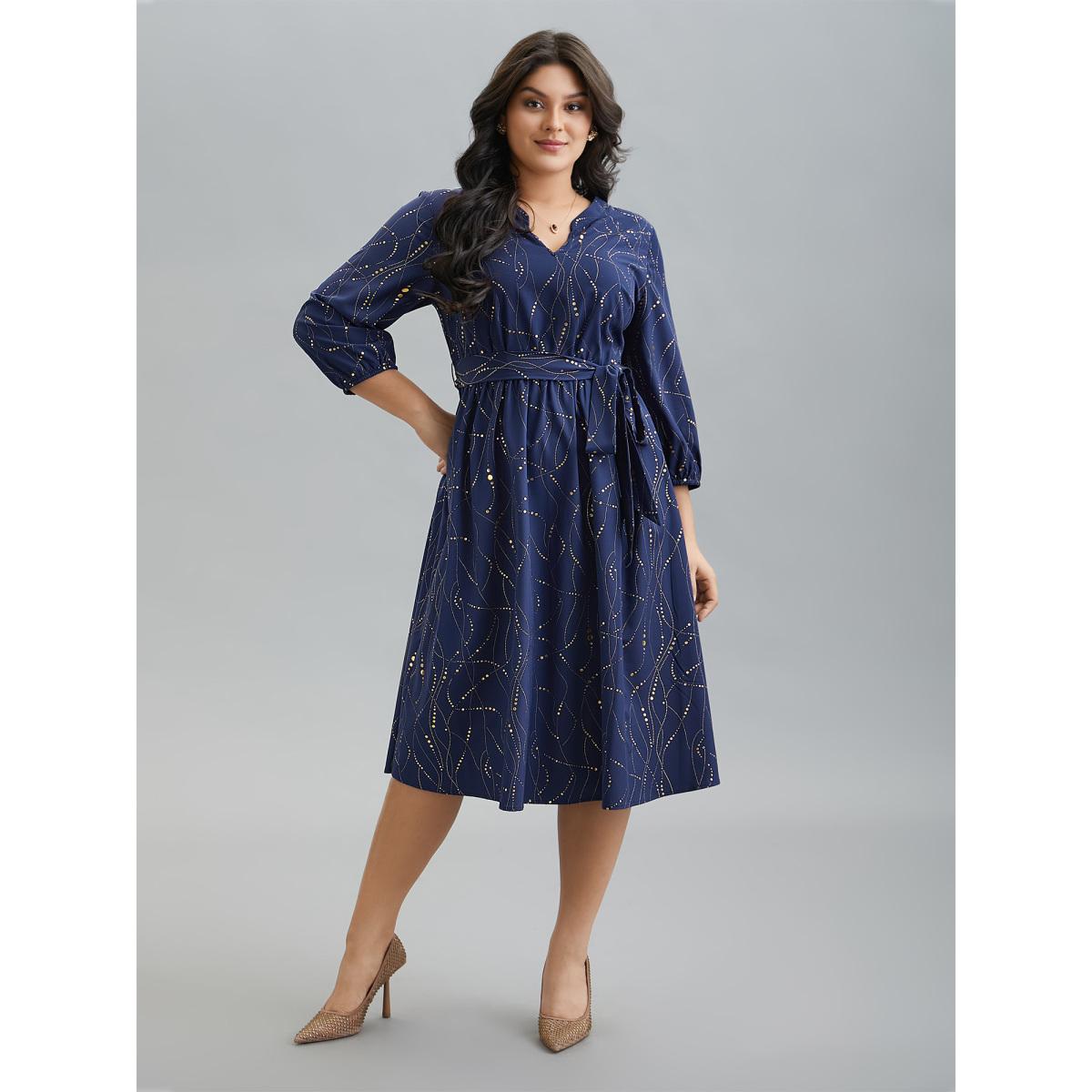 Plus Size Glitter Notched Collar Belted Midi Dress Indigo Women Elegant Texture Notched collar Elbow-length sleeve Curvy BloomChic 18-20/2X Product Image