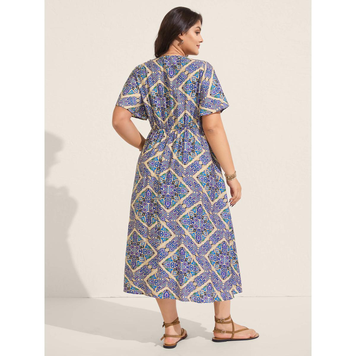 Plus Size Boho Print Stretchy Waist Pockets Midi Dress Skyblue Women V-neck Short sleeve Curvy BloomChic 10/M Product Image