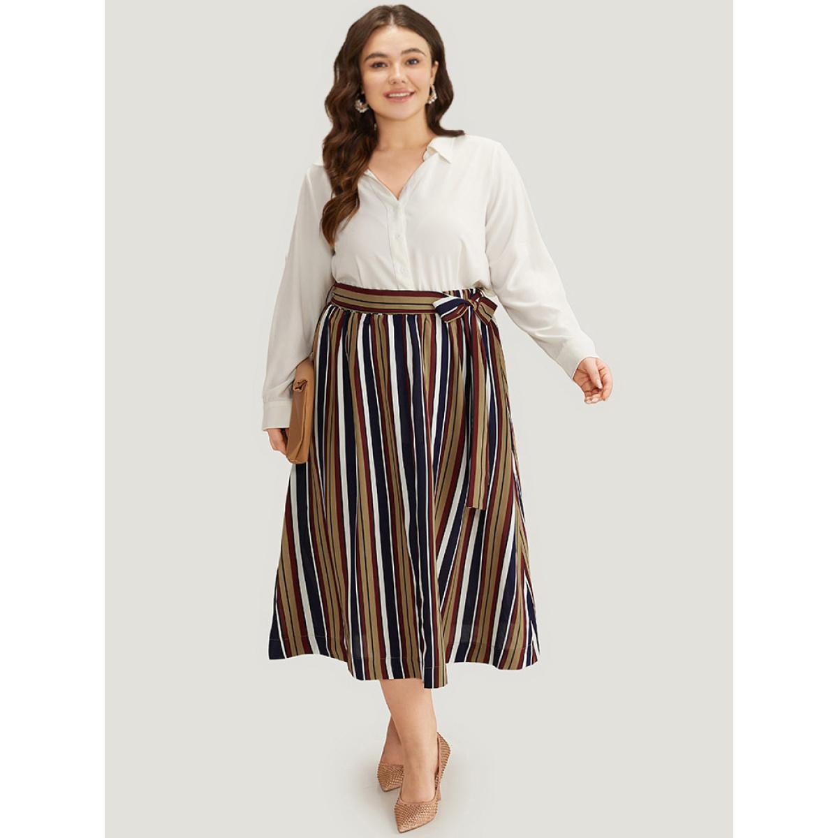 Plus Size Striped Ties Elastic Waist A-line Skirt Women DarkBlue Office A-line Loose No stretch Belt Office Skirts BloomChic 30/6X Product Image
