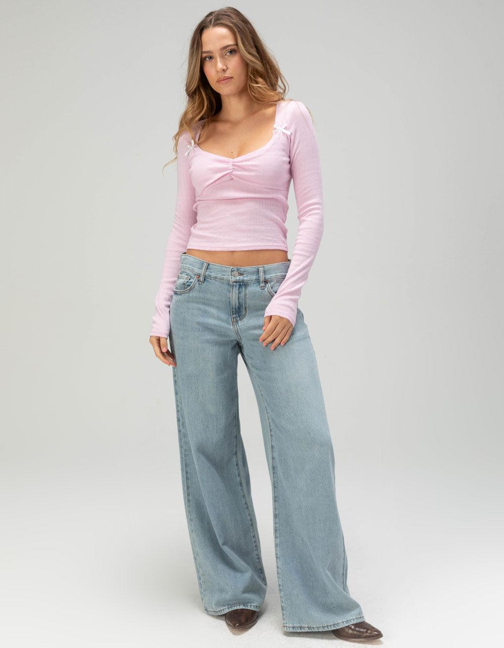 RSQ Womens Long Sleeve Pointelle Bow Cinch Top - PINK Product Image