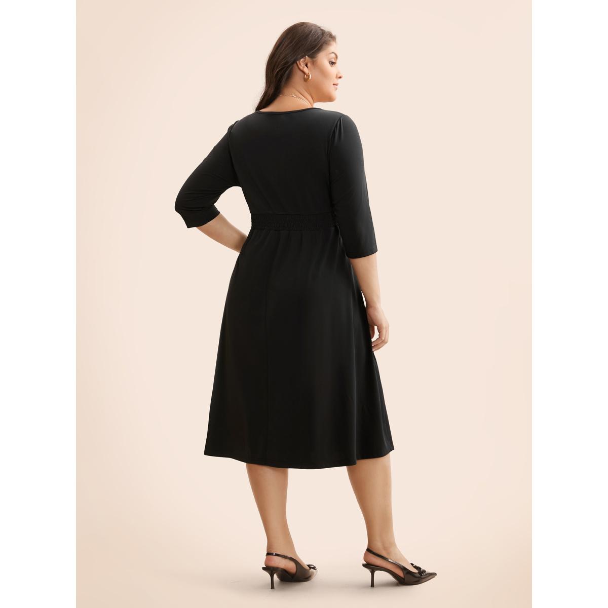 Plus Size Solid Round Neck Shirred Midi Dress Black Women At the Office Shirred Round Neck Elbow-length sleeve Curvy BloomChic 14-16/1X Product Image