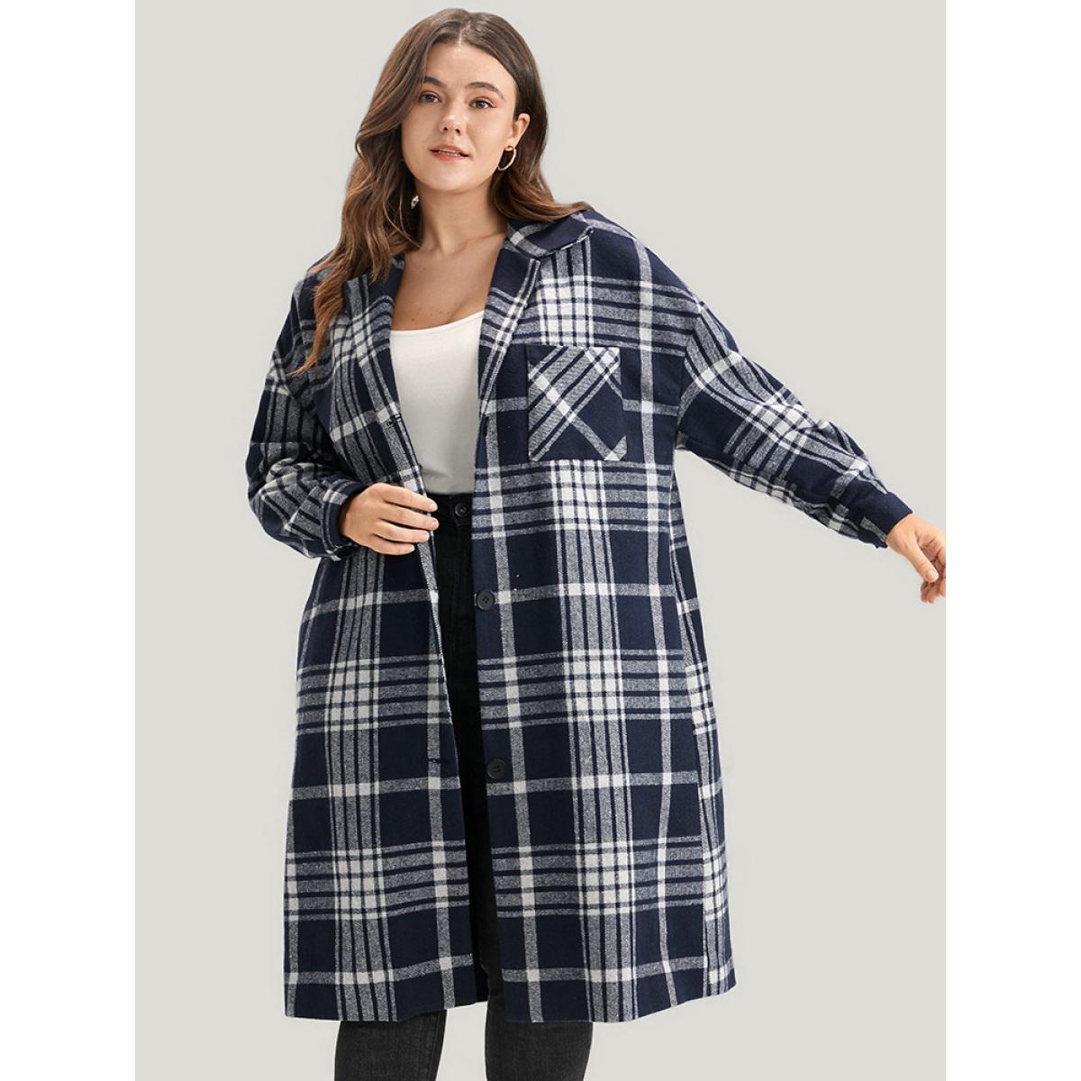 Plus Size Plaid Pocket Button Up Coat Without Belt Women Indigo Casual Pocket Ladies Dailywear Winter Coats BloomChic 30/6X Product Image