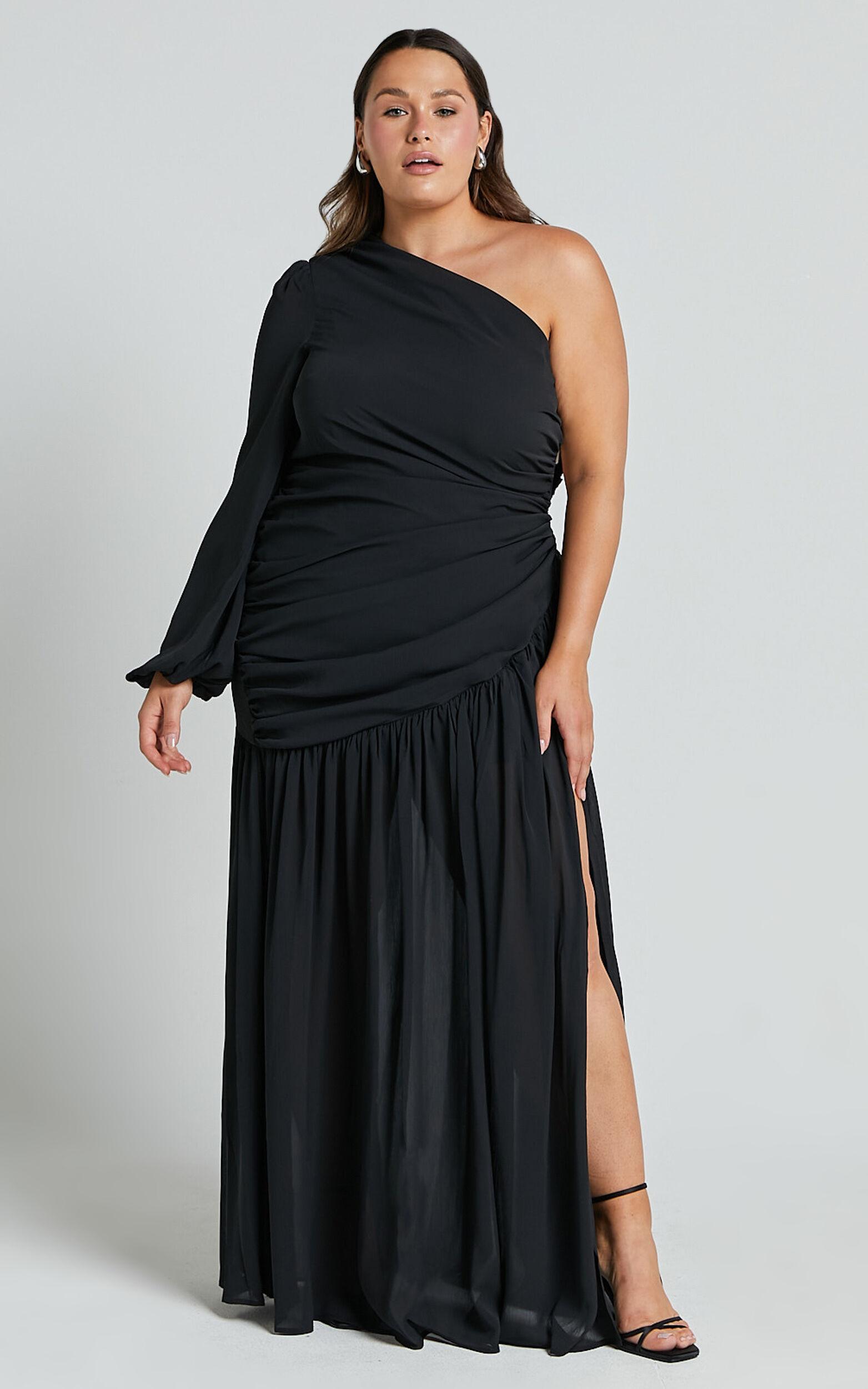 Grittah Midi Dress - One Shoulder Bishop Sleeve High Split Ruched Dress in Black Product Image