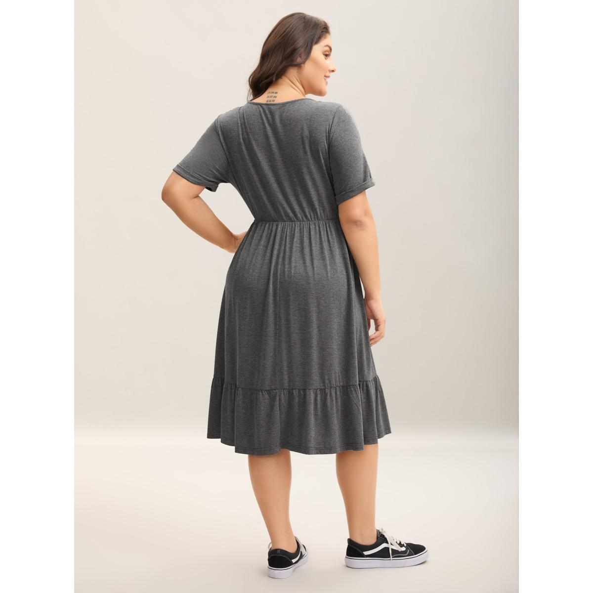 Plus Size Stretchy Fabric Pockets Ruffled Hem Midi Dress DarkGray Women Casual Knit Dresses Bloomchic 10/M Product Image