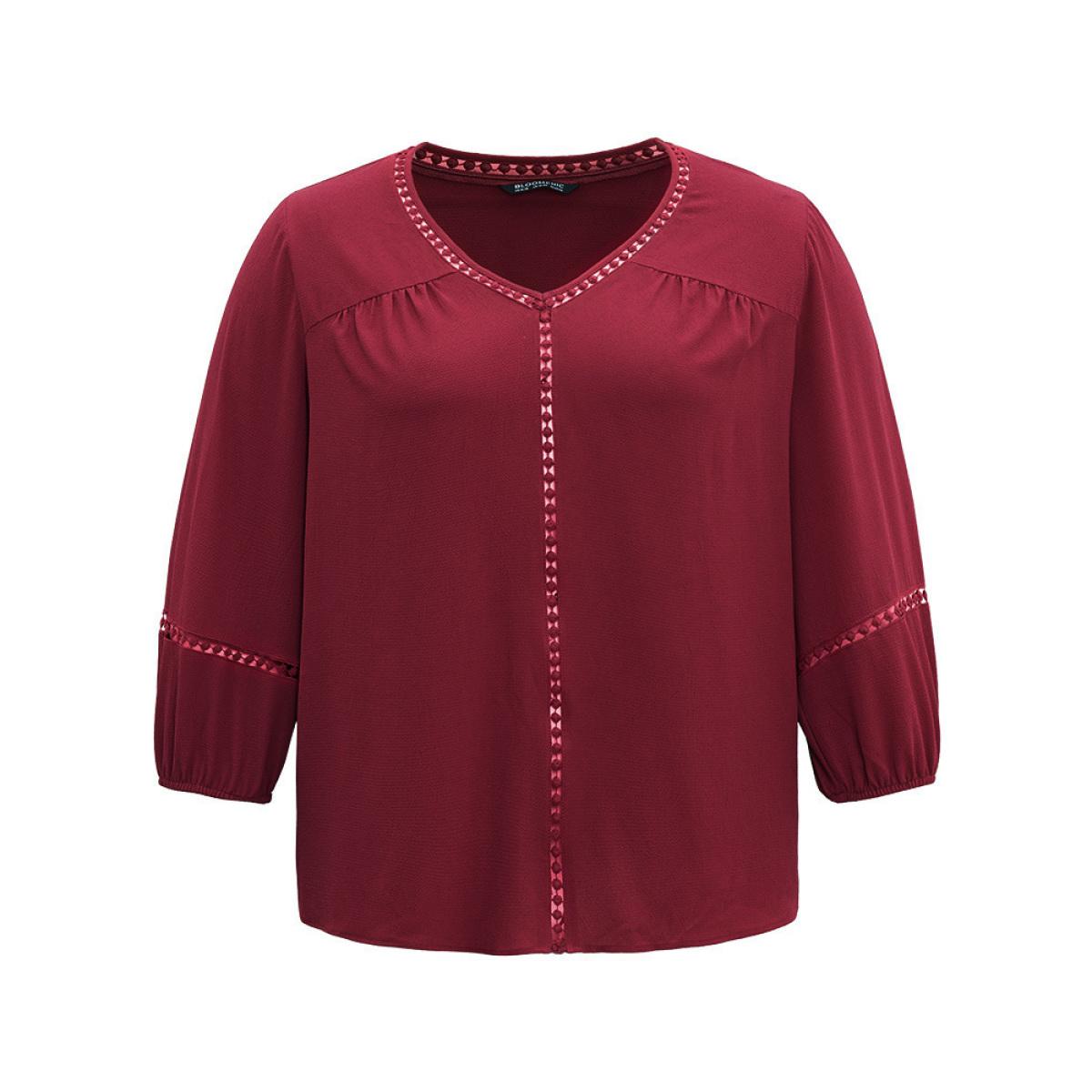 Plus Size Scarlet Plain Lace Patchwork Gathered Lantern Sleeve Blouse Women Elegant Elbow-length sleeve V-neck Dailywear Blouses BloomChic 28/5X Product Image